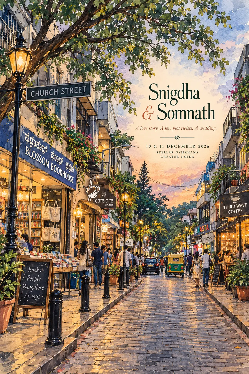 Watercolour illustration of Bangalore’s Church Street with Blossom Book House, Cafelore, Third Wave Coffee, and the wedding invitation for Snigdha and Somnath